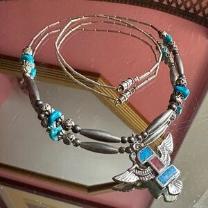 1980s #1 Thunderbird Turquoise Coral Chip Inlay Pendant Southwestern Necklace